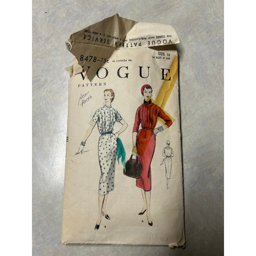 Vintage 1955 Vogue Pattern #8478 Women's Dress Size 16